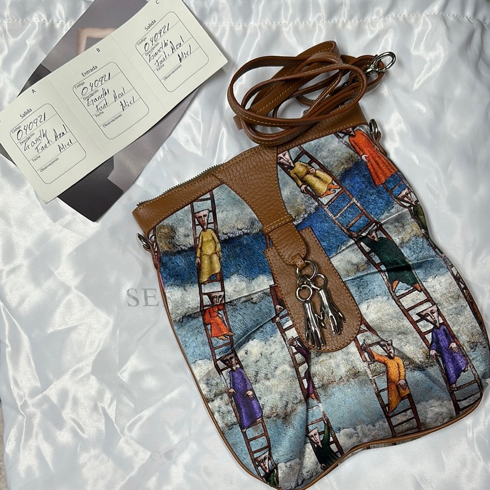 Brown Trim Crossbody Bag with Multicolor Ladder Print